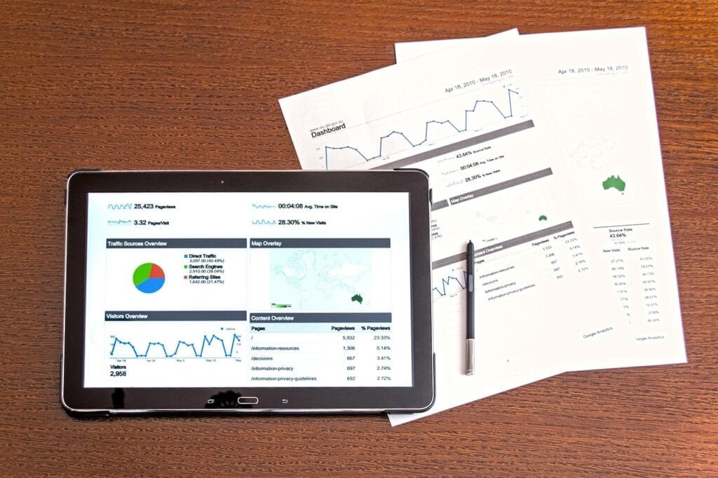 Tablet z otwartym panelem Google Analytics prezentuje statystyki odwiedzin strony internetowej, leżący na biurku obok papierowych raportów z wykresami i długopisu – koncepcja analizy danych i raportowania wyników biznesowych.